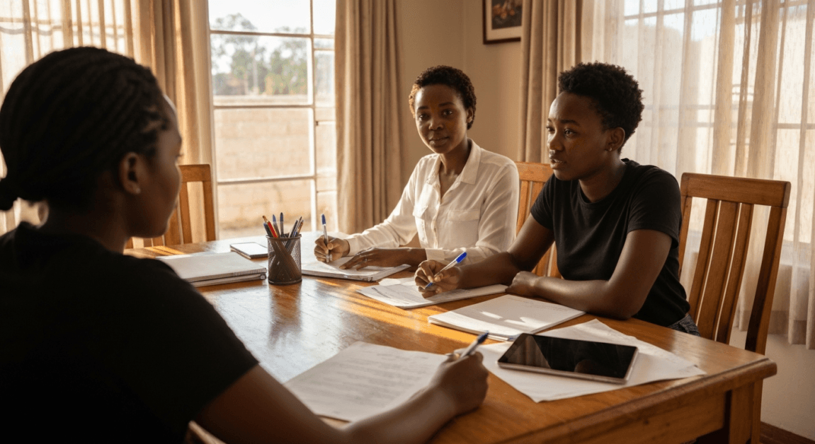 Entrepreneurial Leadership: Qualities, Styles & Examples 7 Two Botswana women entrepreneurs discussing business strategy together in a quiet home meeting space