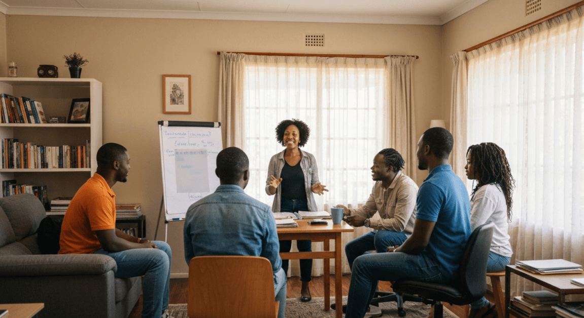 Entrepreneurial Leadership: Qualities, Styles & Examples 4 Female SME leader in Botswana guiding a supportive discussion with her small team inside a cozy office space