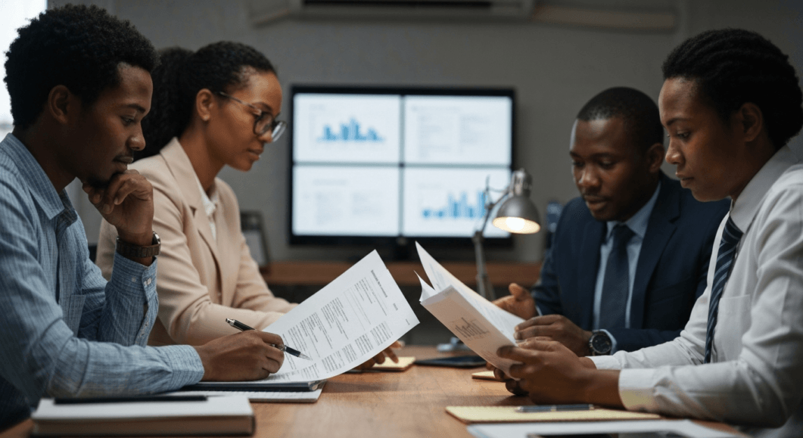 How to Navigate Supply Chain Challenges in Botswana 7 Botswana office team strategizing on regulatory compliance in supply chains.