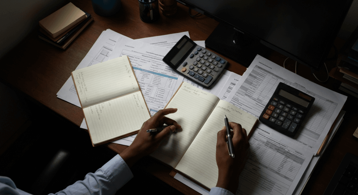 Pros & Cons of Franchising: Is It Right for You? 2 Overhead view of financial documents and hands reviewing expenses in a Botswana office.
