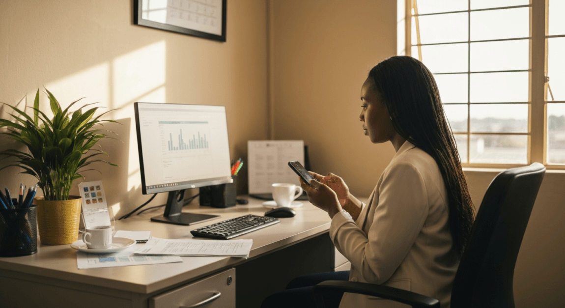 Businesswoman using mobile money solutions from her office in Botswana.