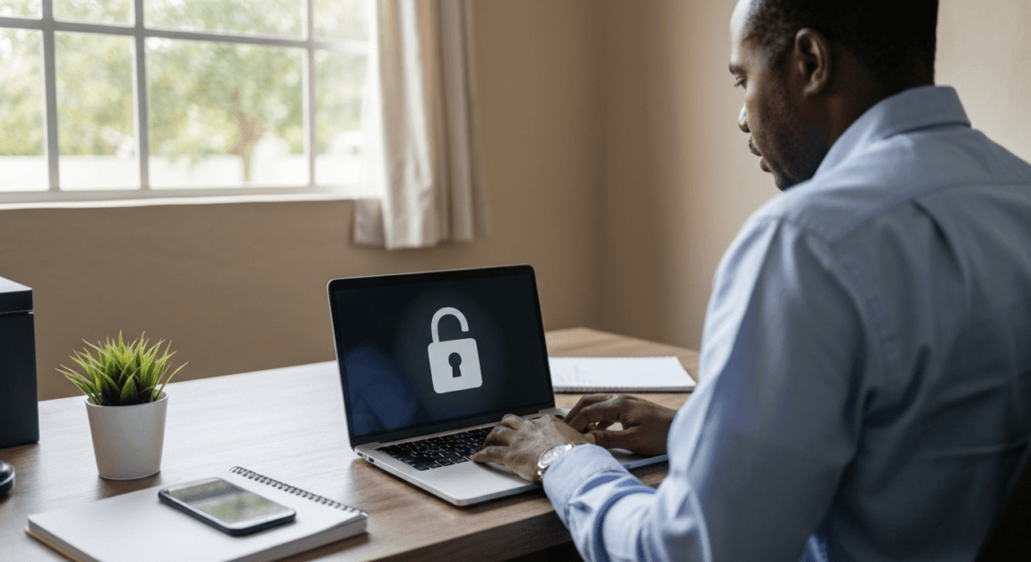 Businessman in Botswana working on a secure online payment process in a home office.