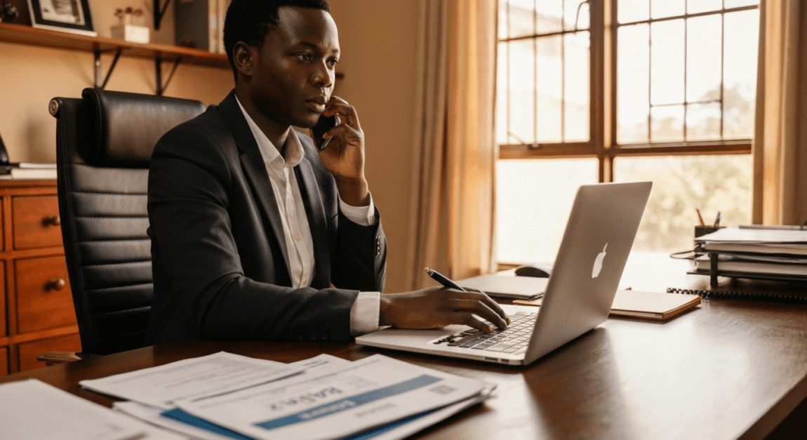 Professional discussing bank loan options in a Botswana home office