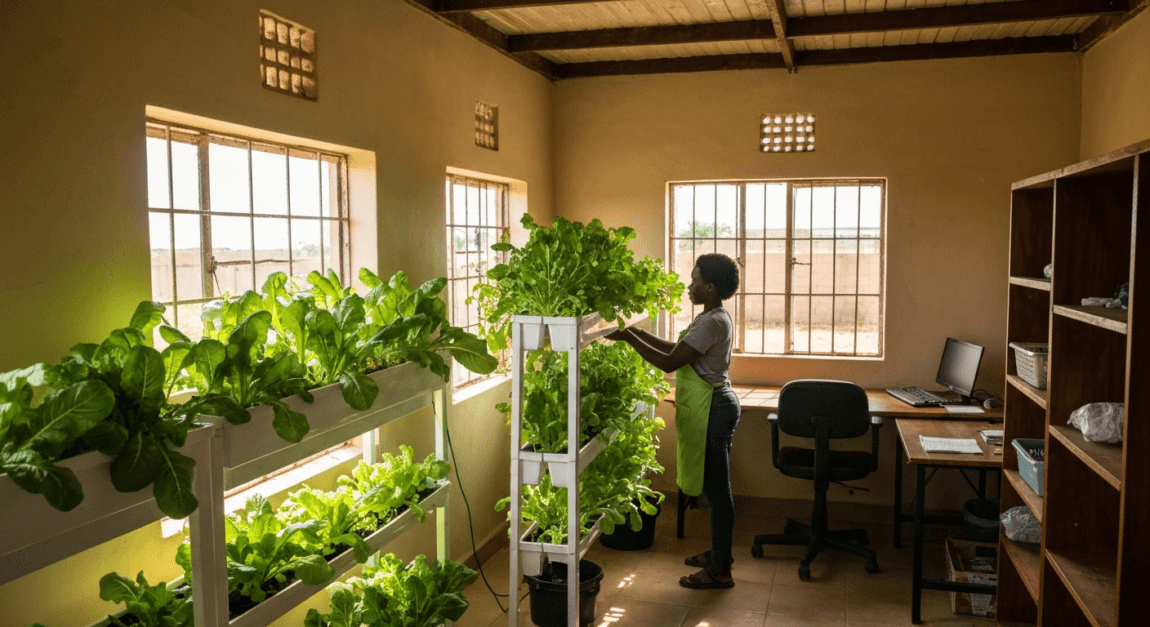 Best Business Ideas to Start (Trending Opportunities) 2 Indoor urban farming setup in a Botswana office with vertical gardens