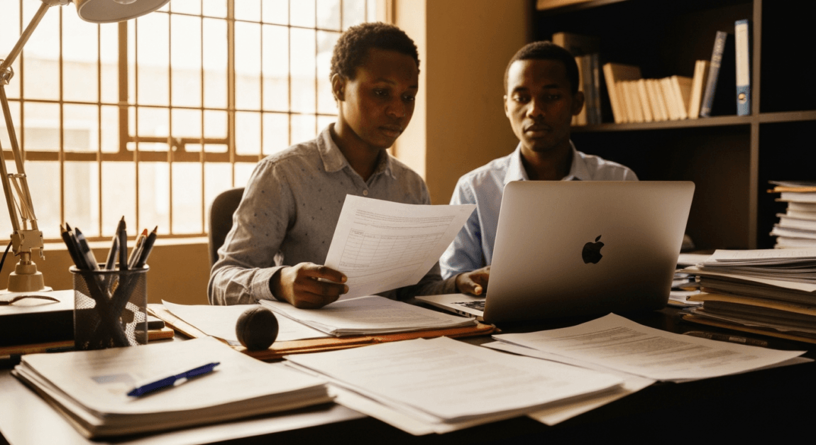 Person organizing documents in a Botswana small office, preparing for TIN registration