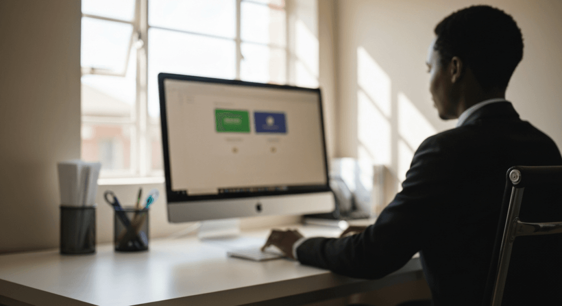 Person in a Botswana home office navigating online services for TIN registration