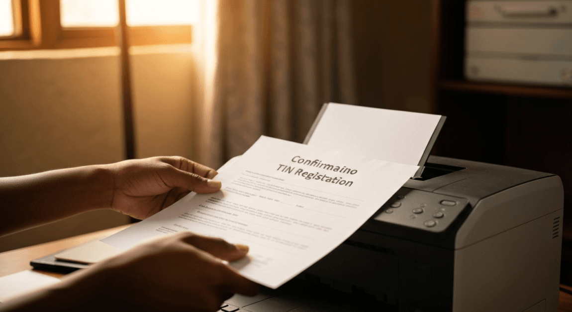Hands retrieving TIN confirmation document from printer in a Botswana office setting