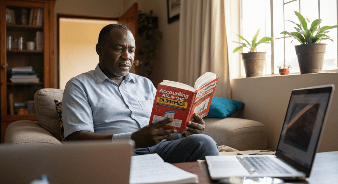 Finance & Accounting Books for Small Business Owners 1 A Botswana entrepreneur reading an accounting book in a relaxed home setting.
