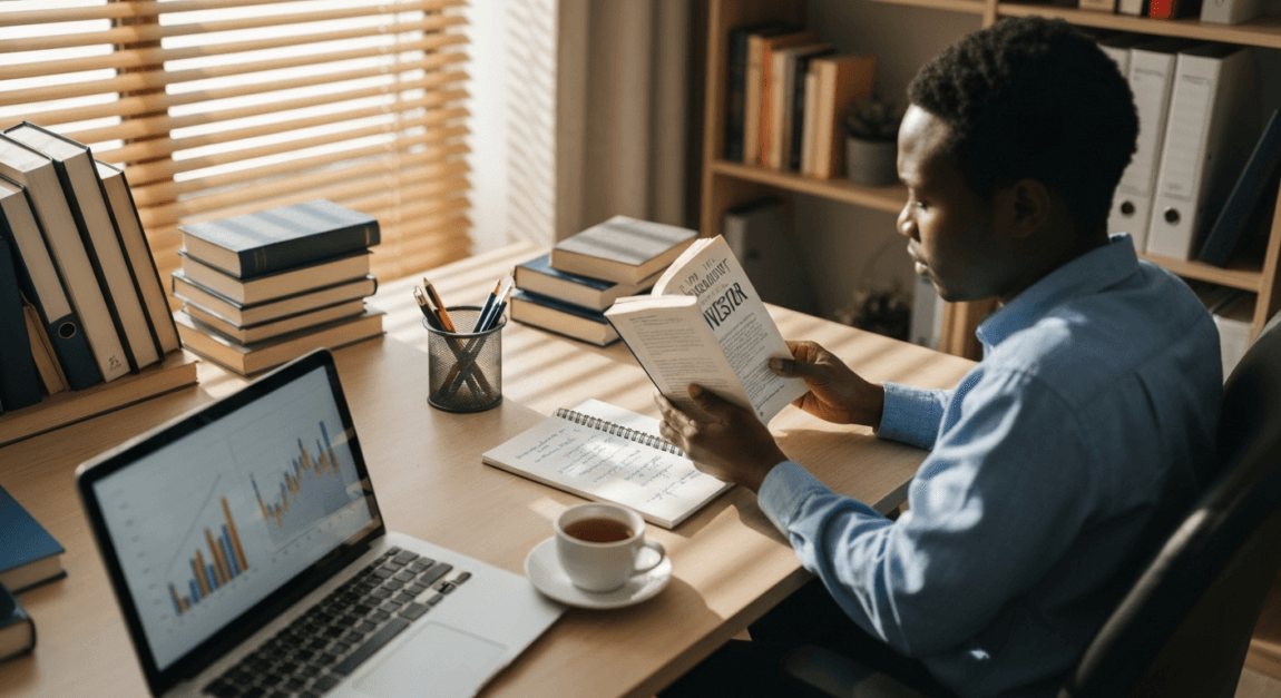 Finance & Accounting Books for Small Business Owners 4 Entrepreneur reading 'The Intelligent Investor' constructing an investment strategy.