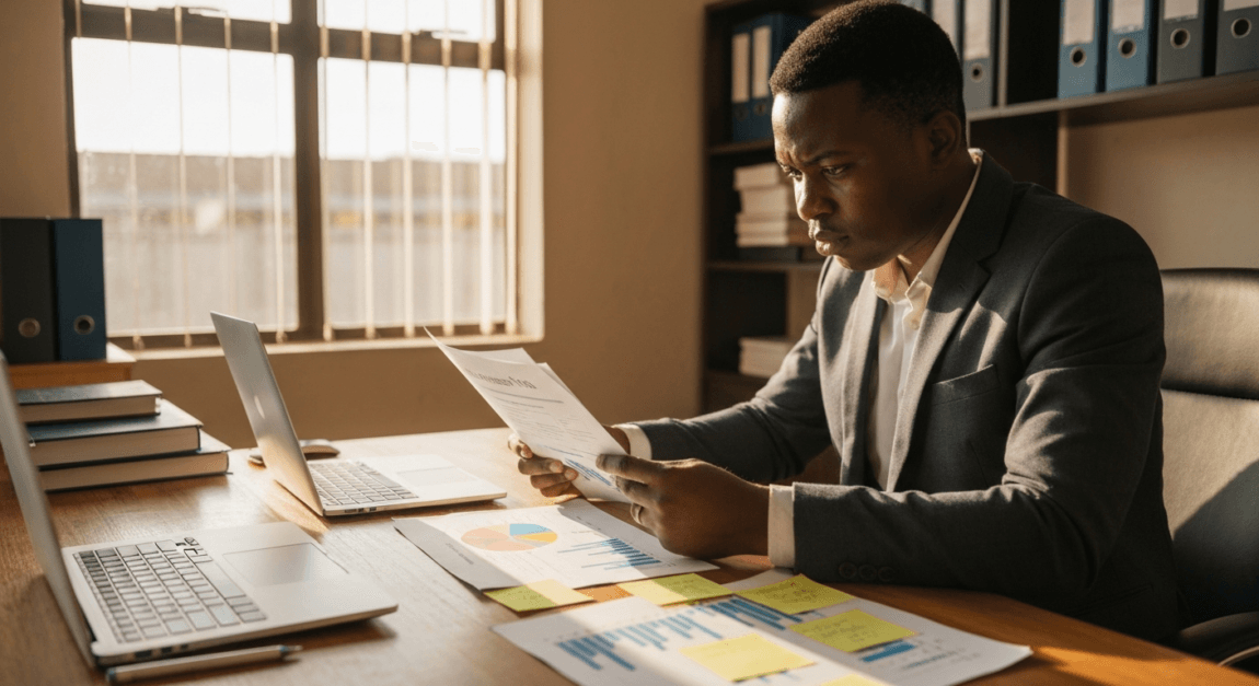 Entrepreneur in Botswana reviewing a business plan inside a small office