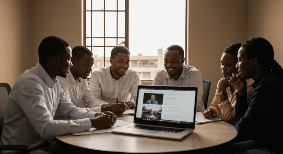 Botswana company team in a meeting reviewing a strategic plan on a laptop