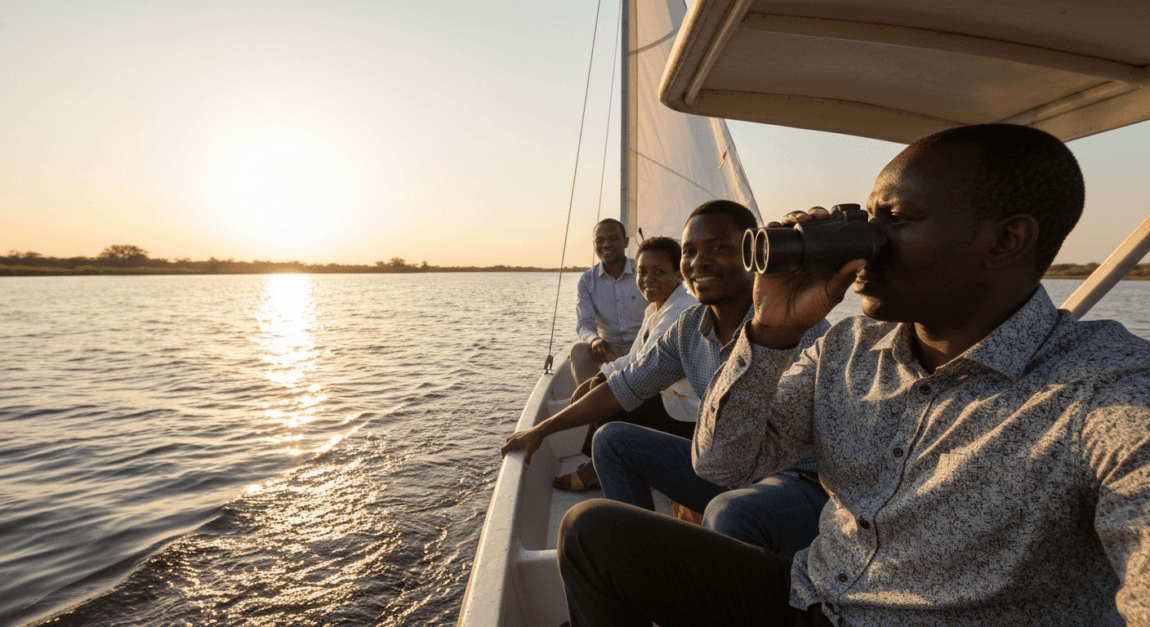 Botswana entrepreneurs sailing on a river, metaphor for business navigation