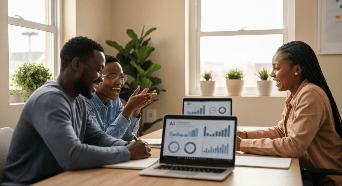 Automation and AI in Botswana’s Business Operations 1 Team collaborating in a Botswana office using AI analytics