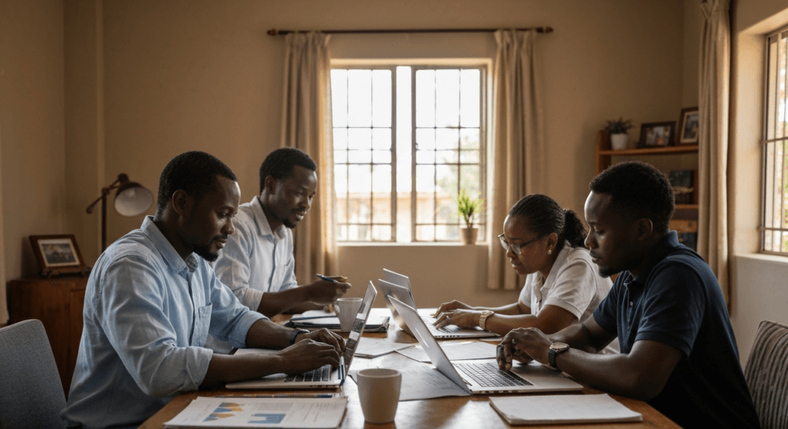 Botswana SME owners collaborating and documenting business strategies around a table in a home office.