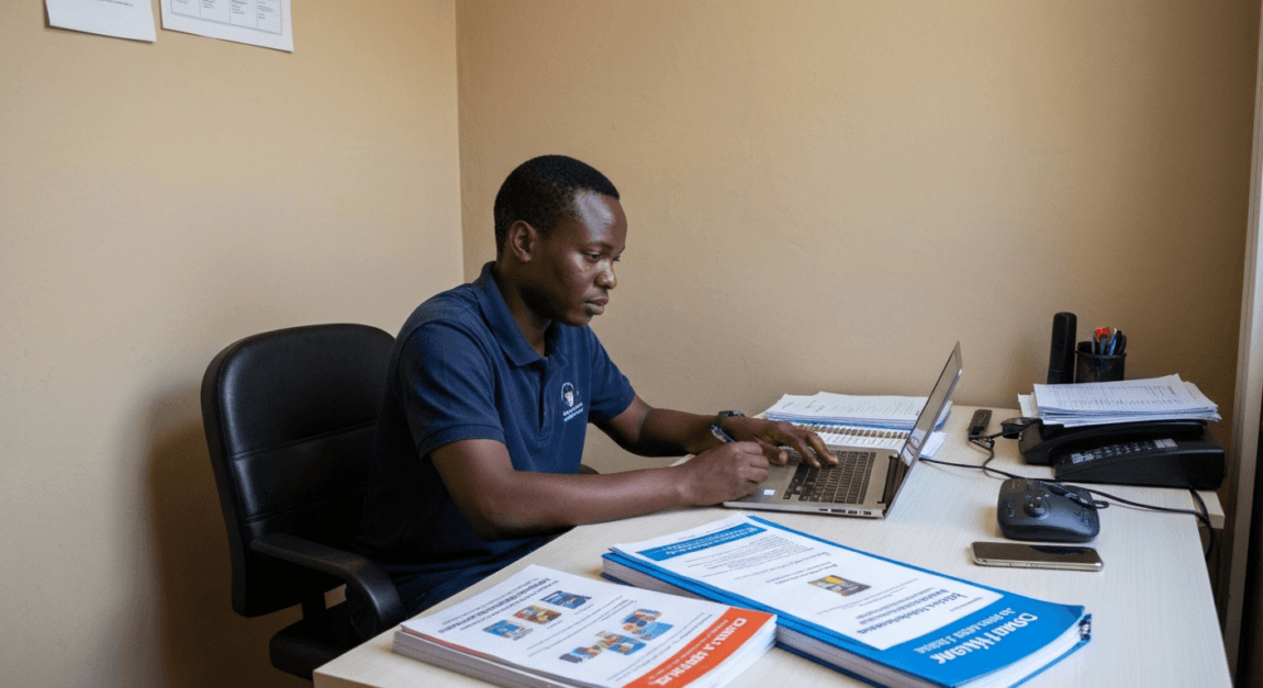 Botswana entrepreneur creating an operations manual and training materials for franchisees in a small office.