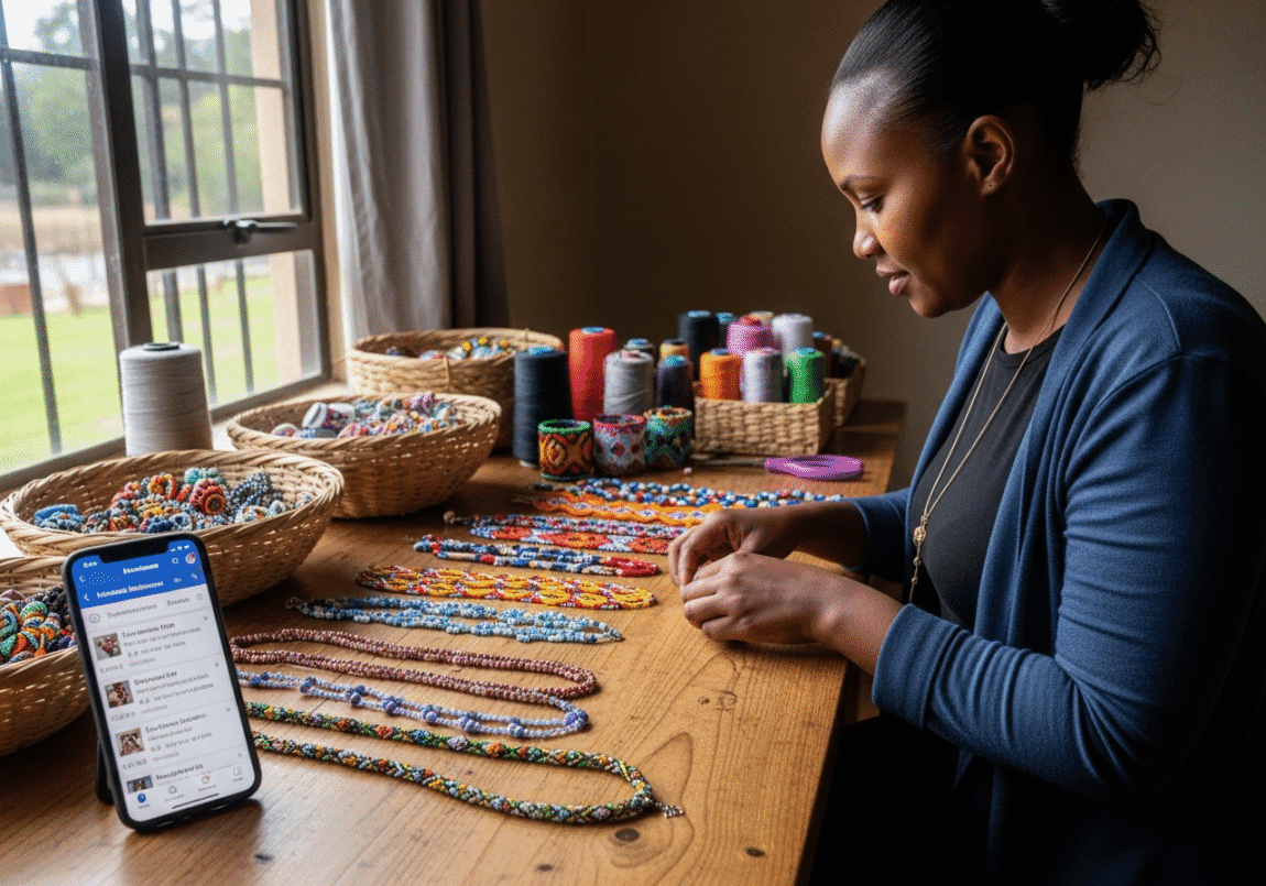 Botswana entrepreneur packing handmade crafts with smartphone for online sales