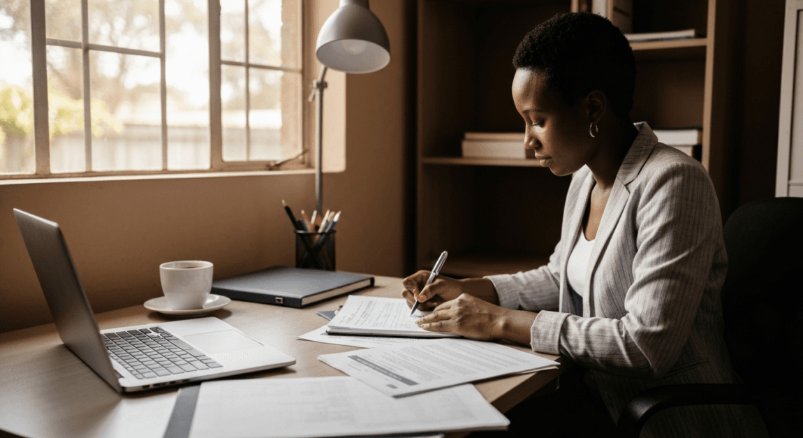 Botswana legal consultant reviewing franchise disclosure documents in a home office.