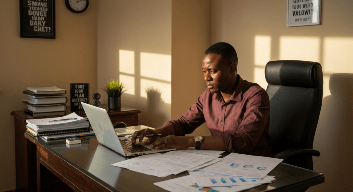 Business owner in Botswana developing a detailed business plan at home