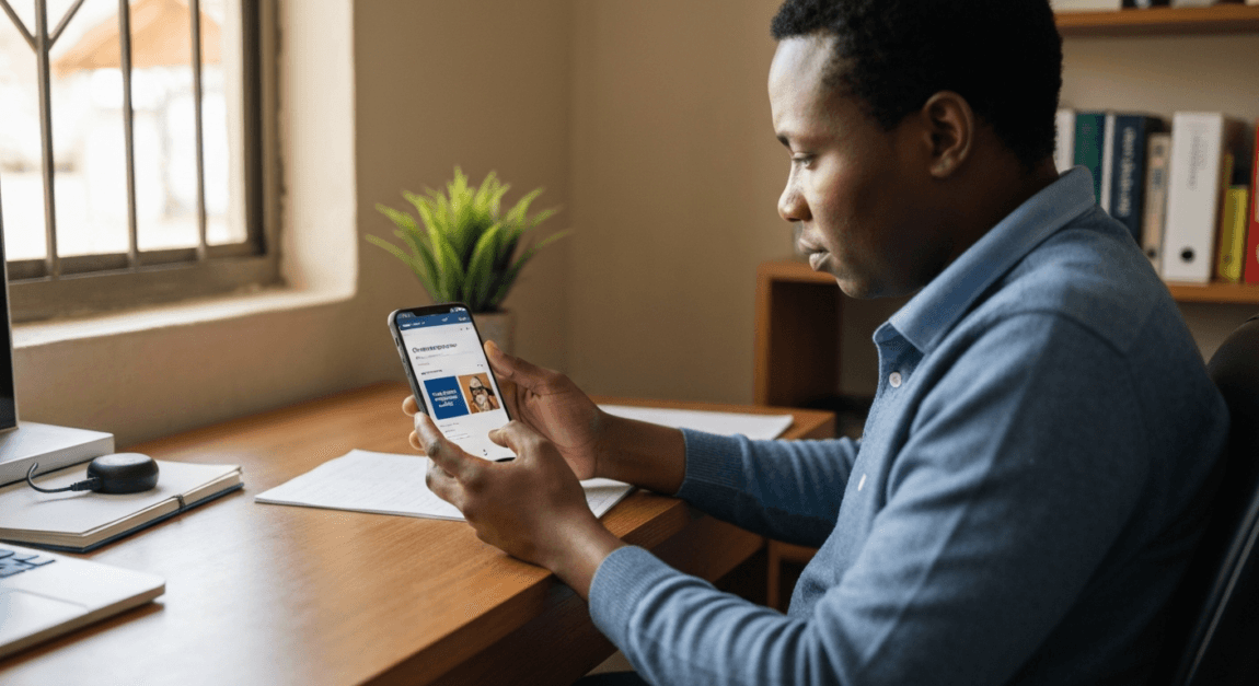 Botswana SME owner optimizing e-commerce site on smartphone in a home office