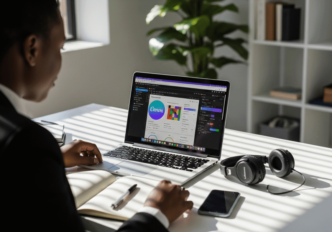 Young freelancer in Botswana working on laptop with creative tools in home office