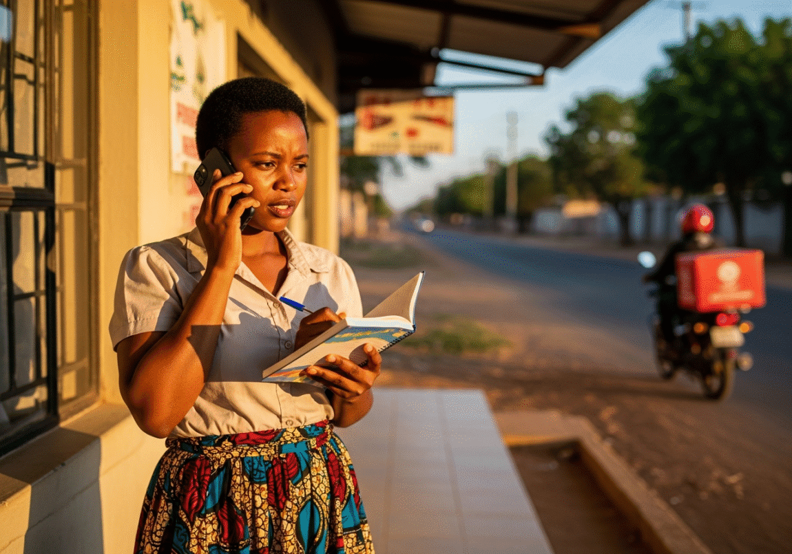 Botswana woman entrepreneur coordinating delivery via phone from outside home