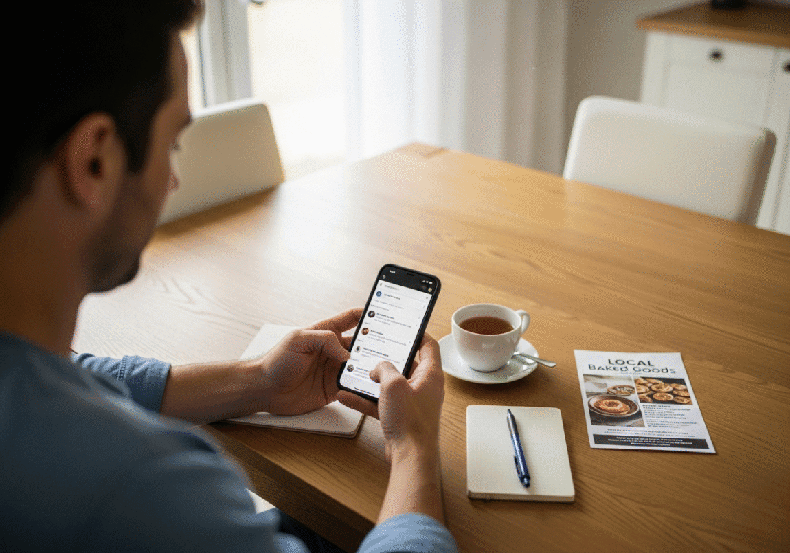 Adult in Botswana home using smartphone at dining table for home business promotion