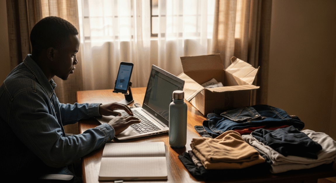 Young Botswana entrepreneur managing a resale or dropshipping business from a home workspace