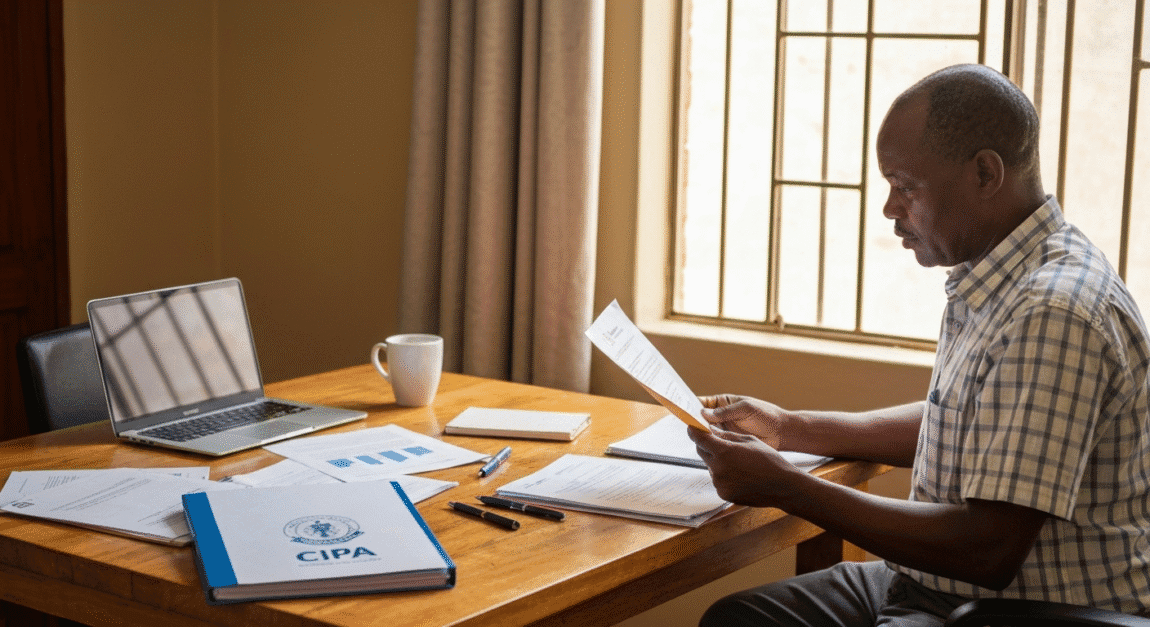 Entrepreneur in Botswana reviewing trading license documents on a home office table
