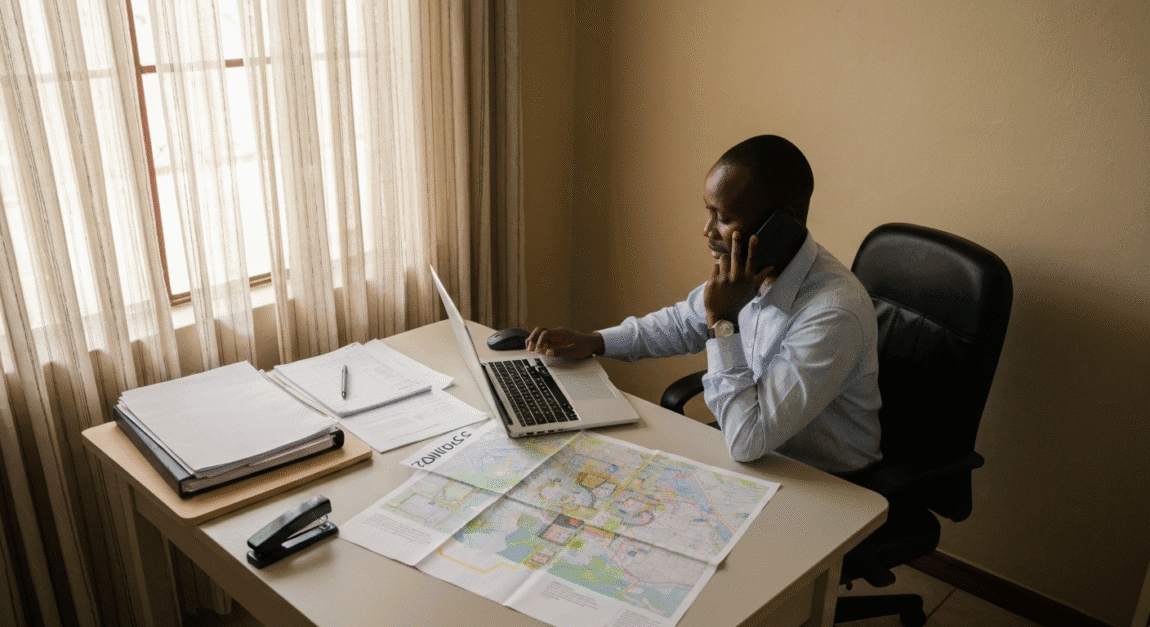 Small business owner in Botswana reviewing zoning maps before license application