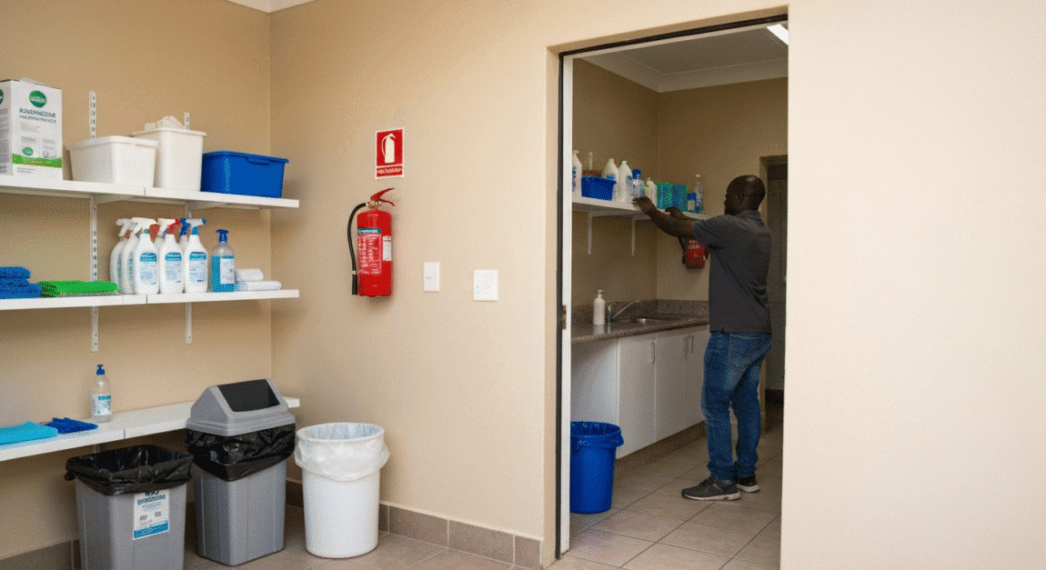 Botswana entrepreneur preparing business premises for license inspection