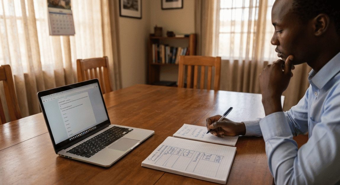 Entrepreneur in Botswana comparing competitors with handwritten notes and laptop in a home office setting