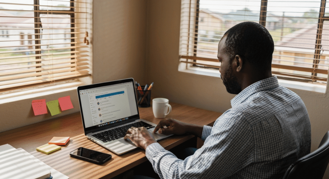 Small business owner monitoring competitors online in a private home office in Botswana