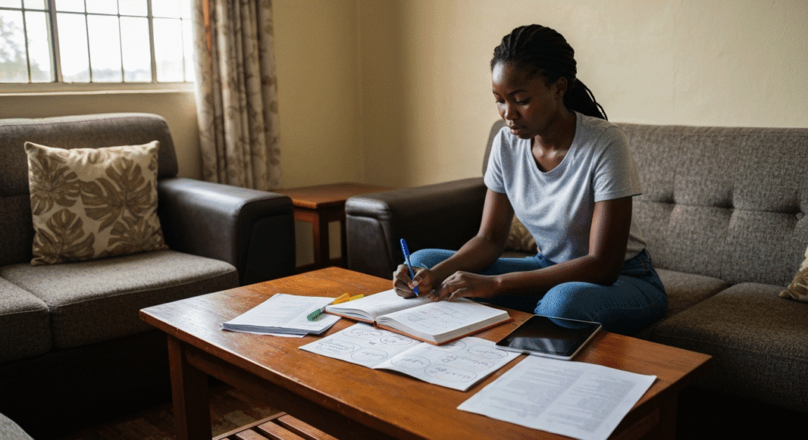 Entrepreneur in Botswana creating a SWOT and competitor matrix on paper in a casual home work setting