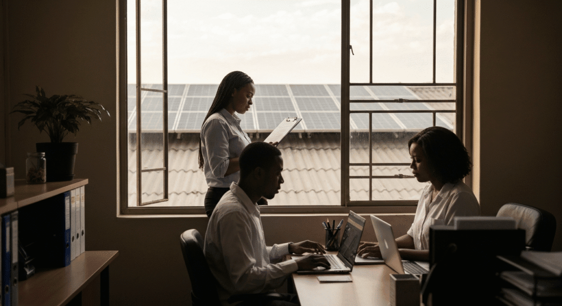 Botswana entrepreneurs reviewing documents inside a small office with rooftop solar panels visible