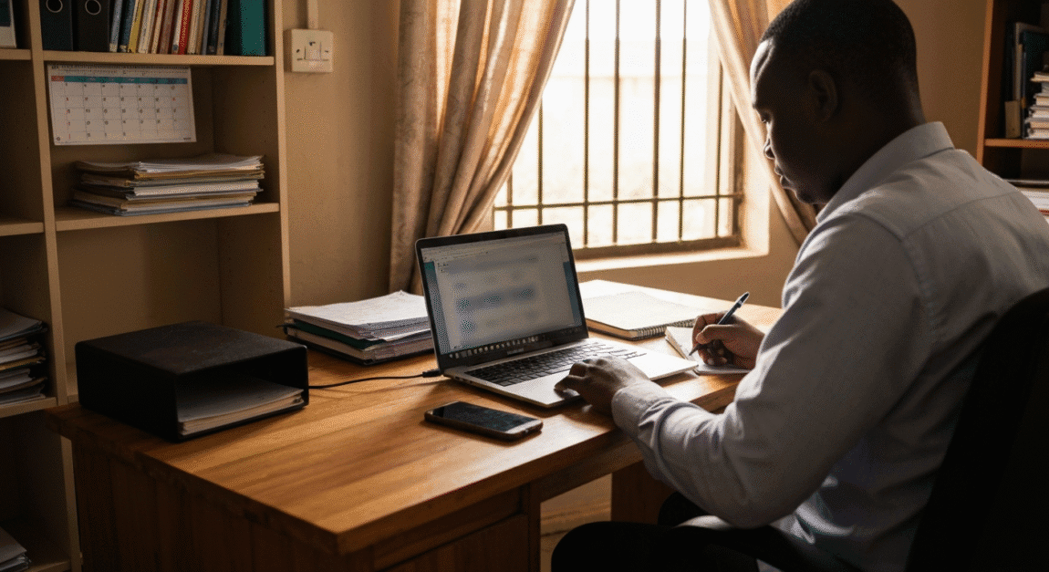 Entrepreneur in Botswana using laptop and phone for cloud-based business tools in a home office