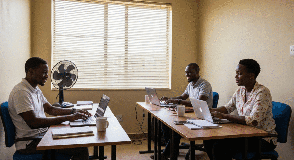 Two Botswana entrepreneurs sharing a small co-working office to reduce overheads