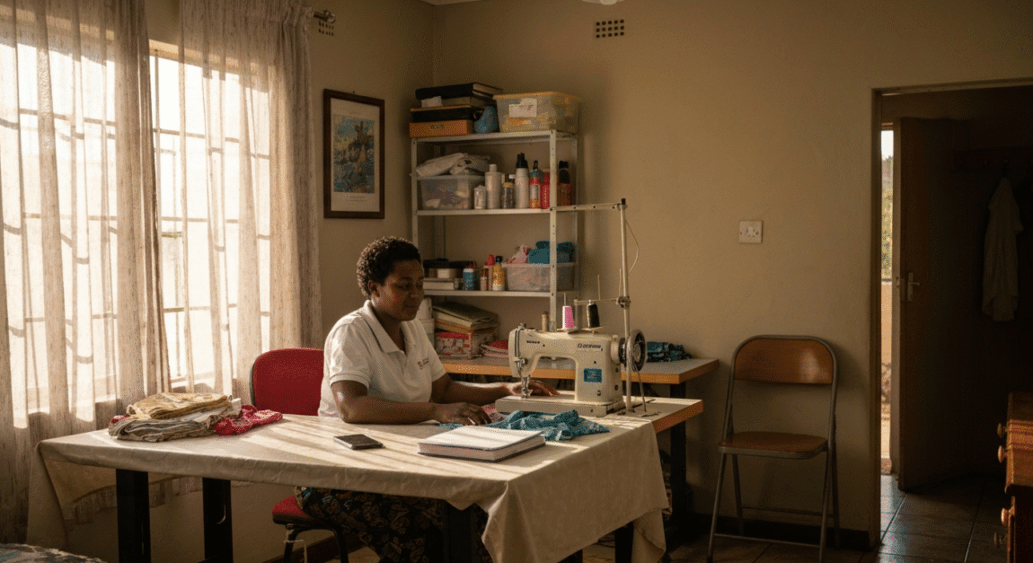 Woman entrepreneur sewing in a home-based workspace representing micro business funded by CEDA