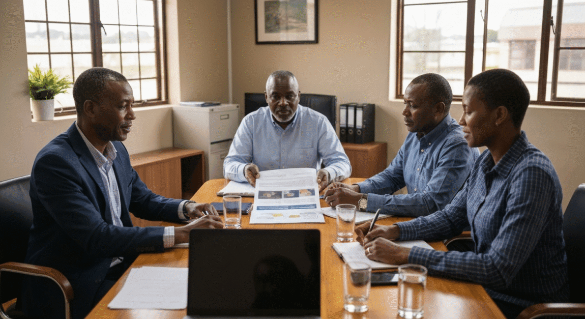 CEDA funding review team evaluates loan applications in a small office meeting