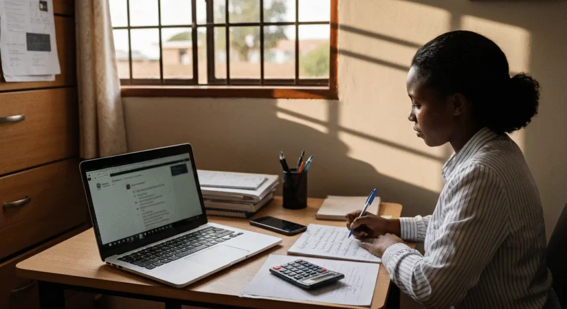 Entrepreneur in Botswana writing a simple business plan at home with laptop and notes