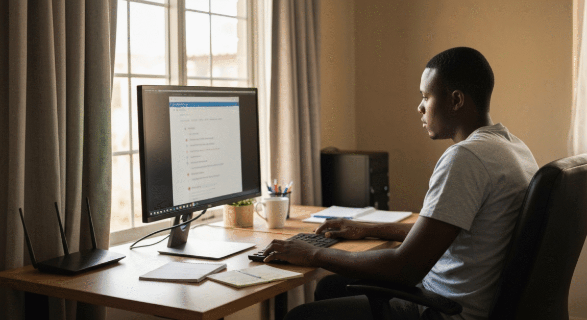 Local Botswana web developer working on domain and website setup from small home office