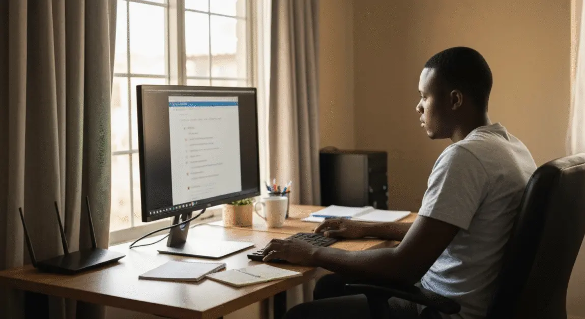 Local Botswana web developer working on domain and website setup from small home office
