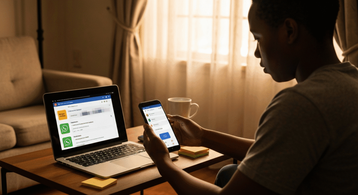 Botswana entrepreneur working from home engaging customers on Facebook and WhatsApp