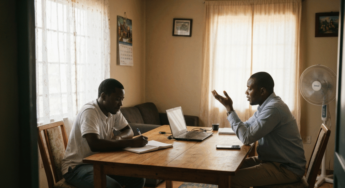 Botswana small business owner taking notes during a casual customer interview at home
