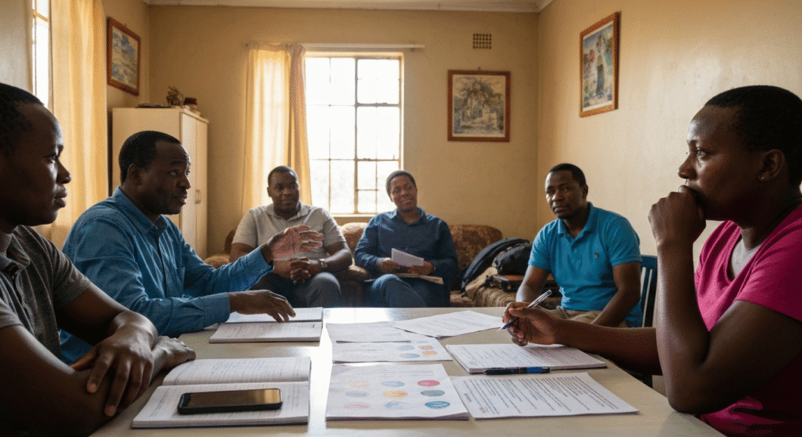 Small business sales team in Botswana practicing roleplay selling techniques at a home office