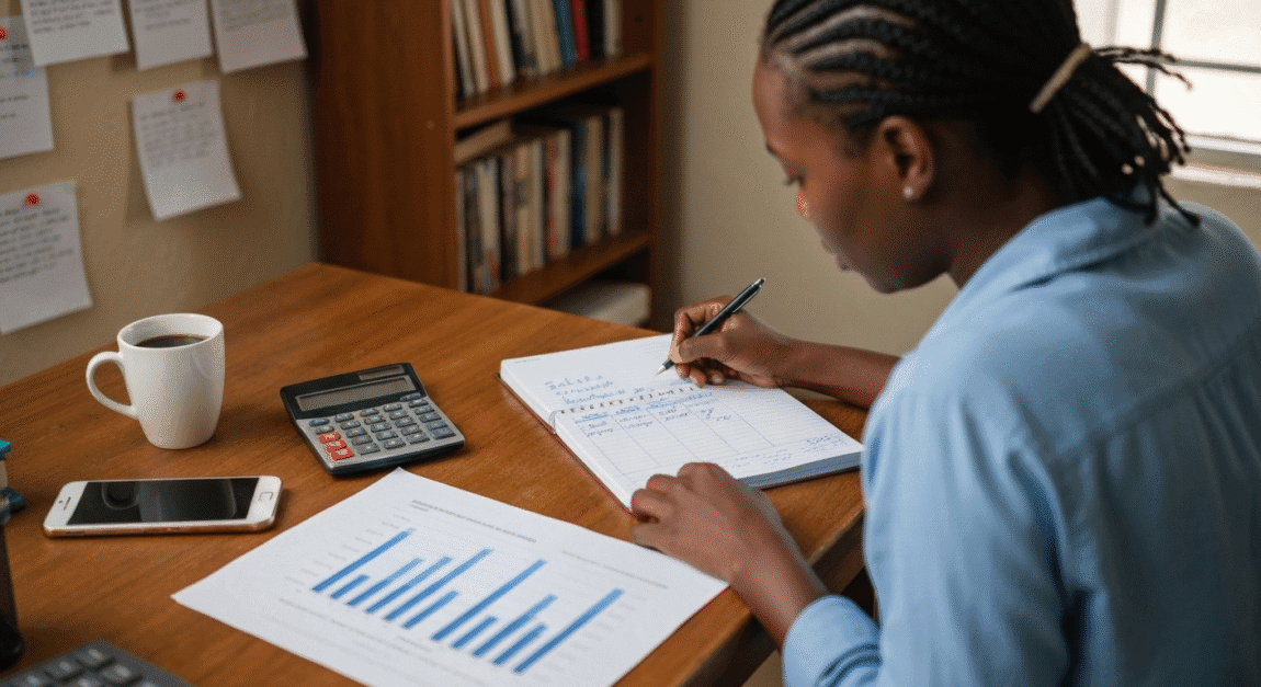 SME owner in Botswana updating a physical sales tracker with charts and notes at home