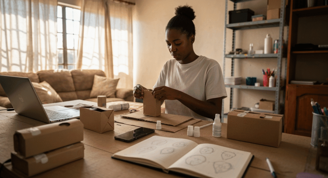 Botswana entrepreneur creating packaging from recycled materials at home workspace