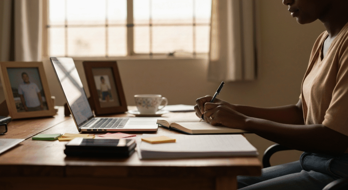 Entrepreneur journaling reflections at a home office in Botswana
