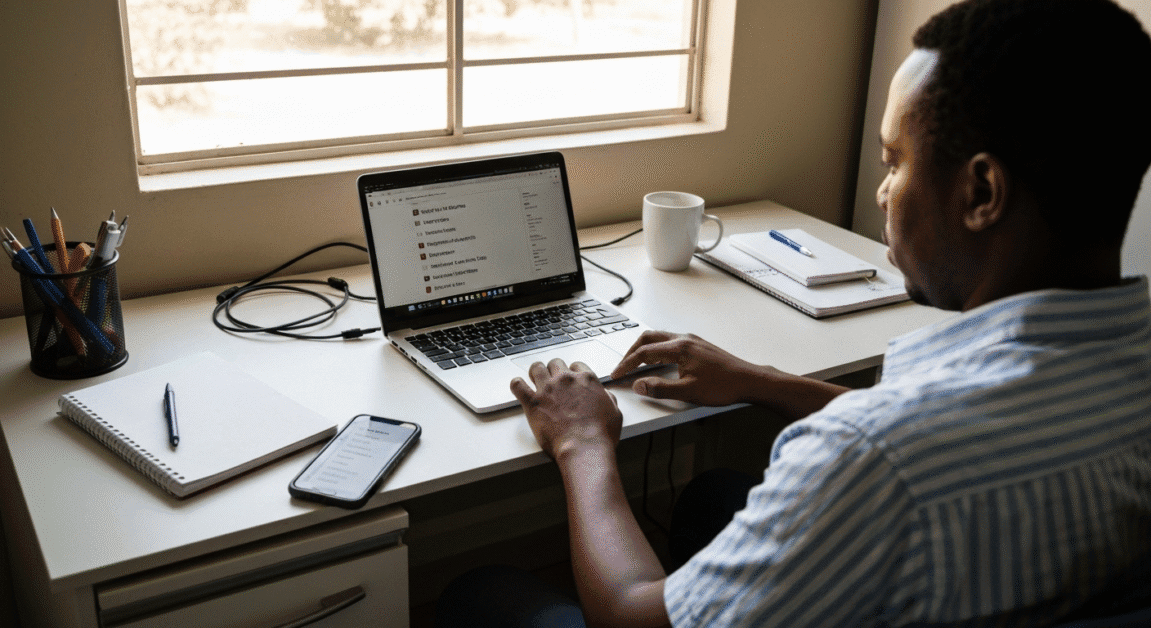 Woman in private Botswana office updating her business listing on a laptop