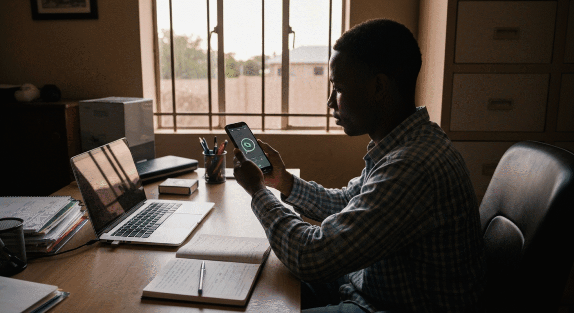 Startup owner in Botswana using WhatsApp voice note to follow up with a business lead