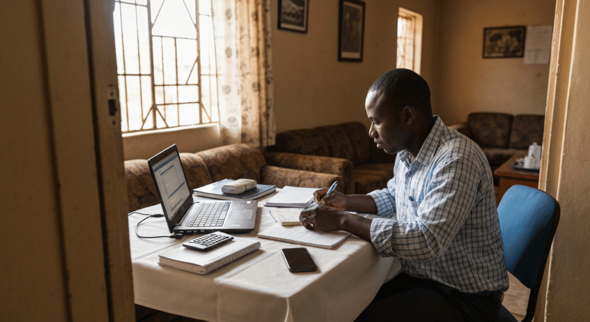 Botswana entrepreneur working from home using laptop, smartphone, and calculator